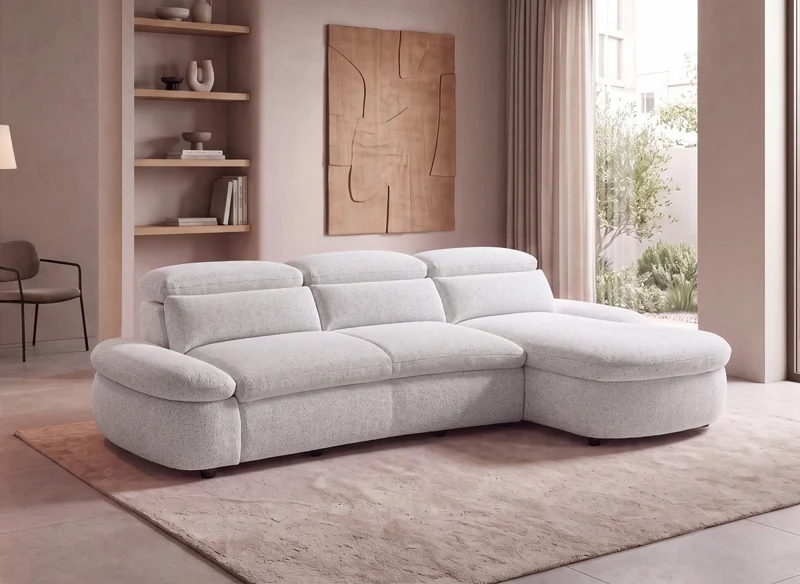 Sofá esquinero relax eléctrico de rizo beige CLEMENT - Ángulo recto