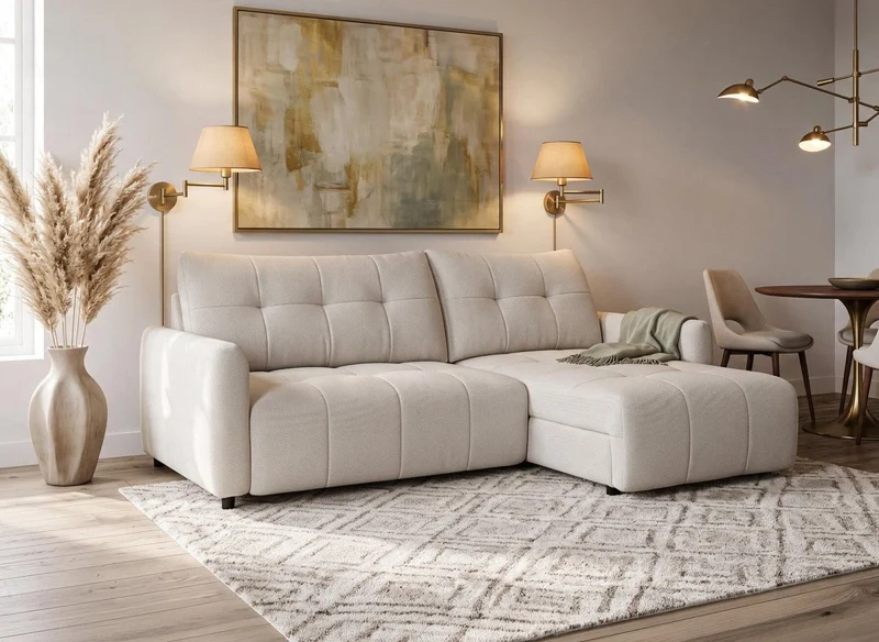 Sofá esquinero relax reversible con cómoda en tejido texturado beige KALINKA