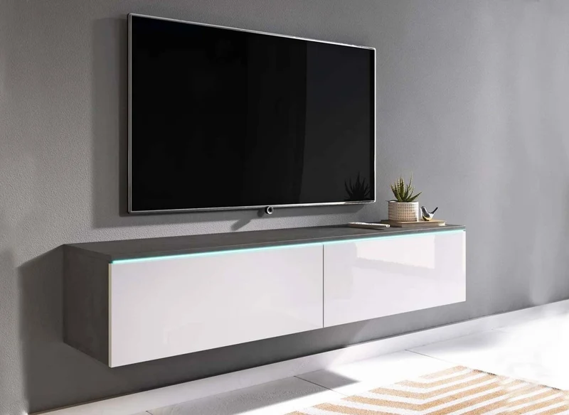 Mueble de TV contemporáneo gris y blanco con iluminación LED y 2 puertas MALORIE - 140 cm