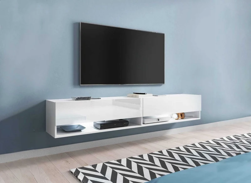 Mueble de TV mural ROMANE XXL con 2 puertas y 2 estantes, blanco - 180 cm