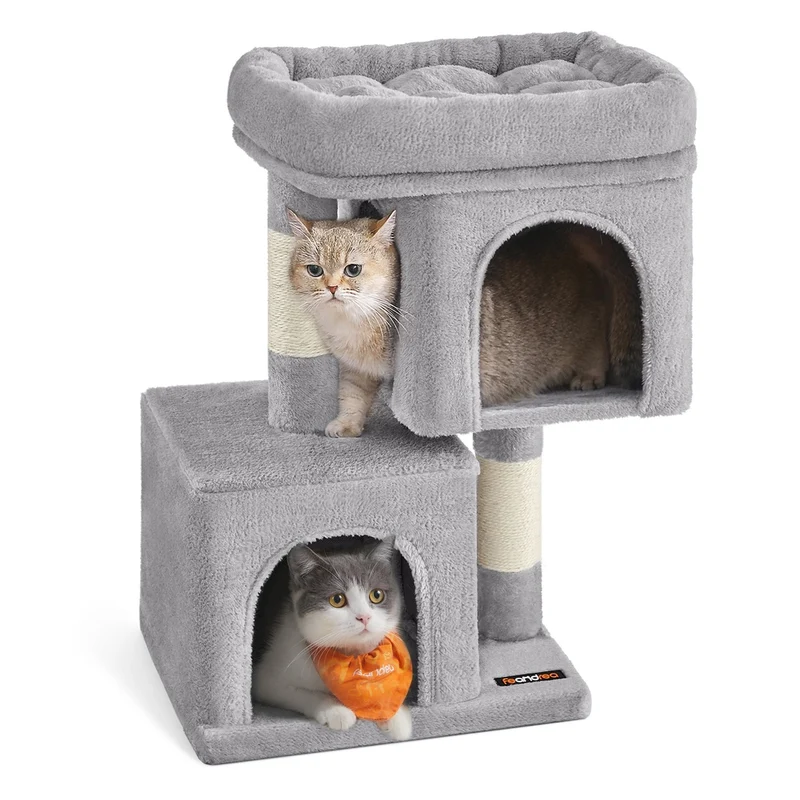 Feandrea Árbol para Gatitos de hasta 3 kg, Torre de 67 cm, S, Plataforma Grande, 2 Cuevas, Rascador, Gris Claro