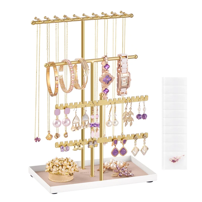 Organizador de joyas con soporte de metal y bandeja de terciopelo