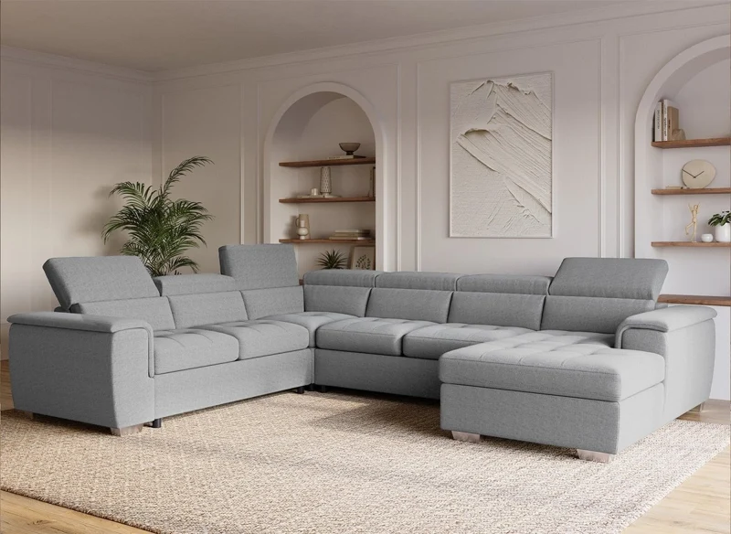 Sofá cama panorámico convertible GAELLE con compartimento de almacenamiento en tela gris - Esquina derecha