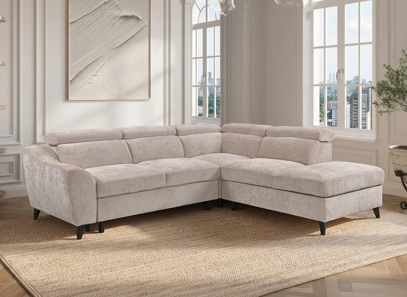 Sofá esquinero convertible DALTON con almacenaje en terciopelo jaspeado beige - Esquinero derecho
