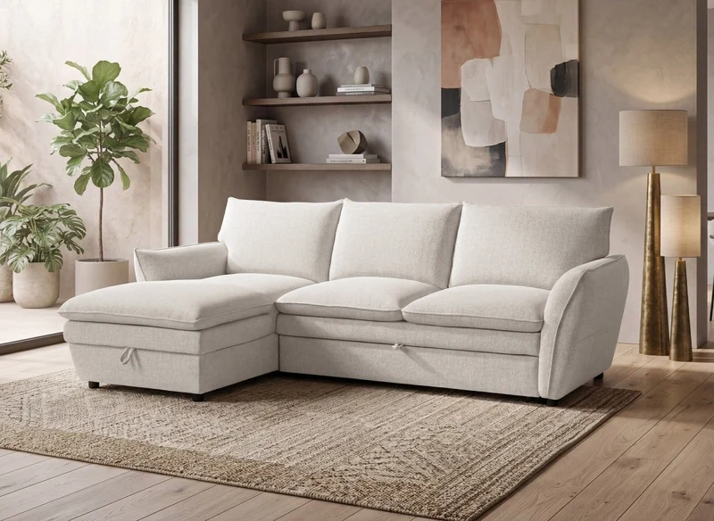 Sofá esquinero convertible con cómoda en tejido beige CAPUCINE - Esquina izquierda