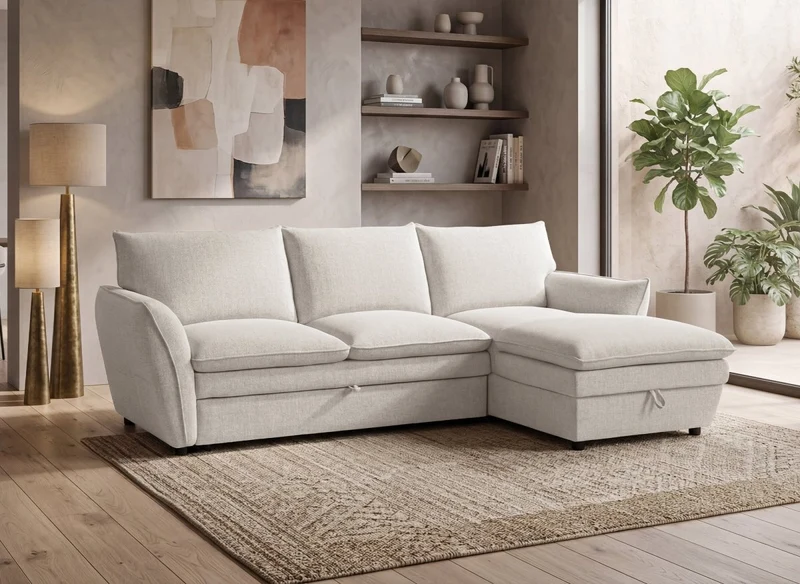 Sofá esquinero convertible con cómoda en tejido beige CAPUCINE - Ángulo recto