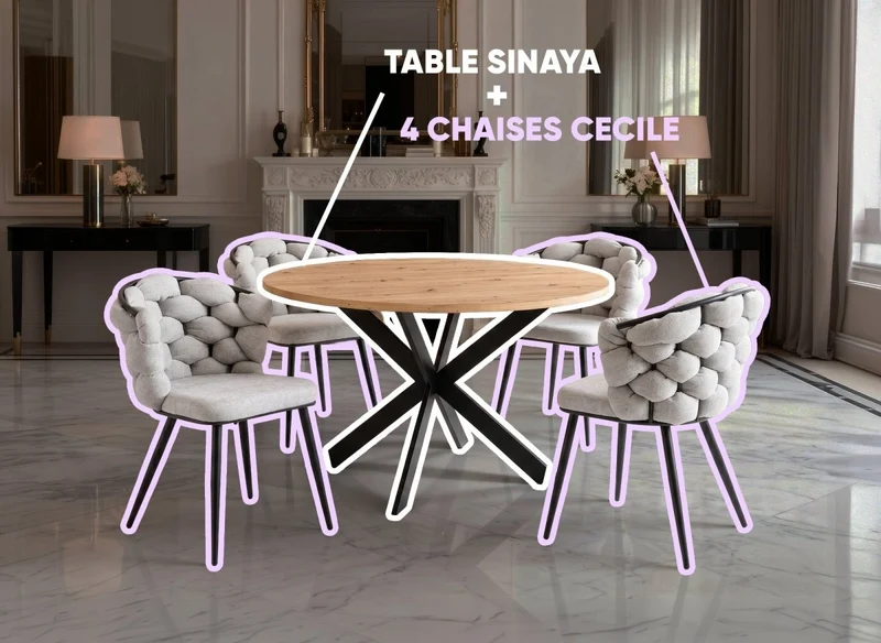 Mesa comedor redonda SINAYA + Juego 4 sillas CECILE gris
