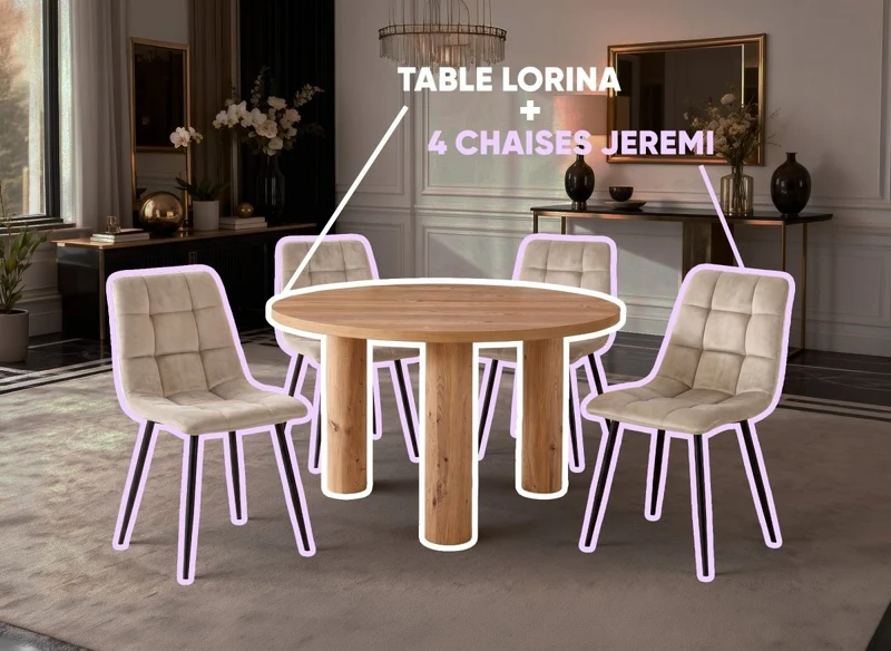 Mesa de comedor LORINA + juego 4 sillas JEREMI terciopelo beige
