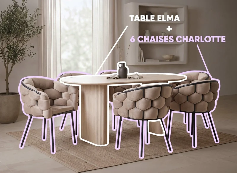 Mesa de comedor para 6 personas ELMA + juego de 6 sillas CHARLOTTE terciopelo topo