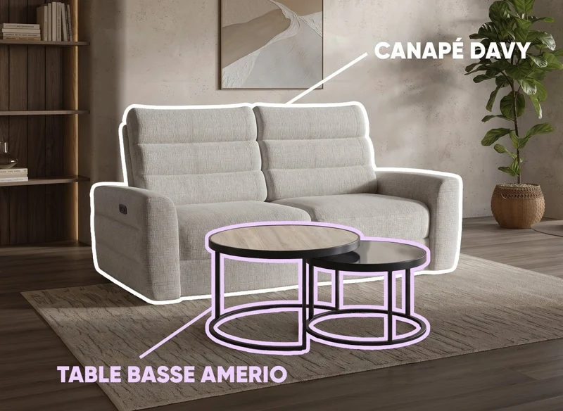 Sofá relax eléctrico 3 plazas DAVY + Juego 2 mesas de centro AMERIO