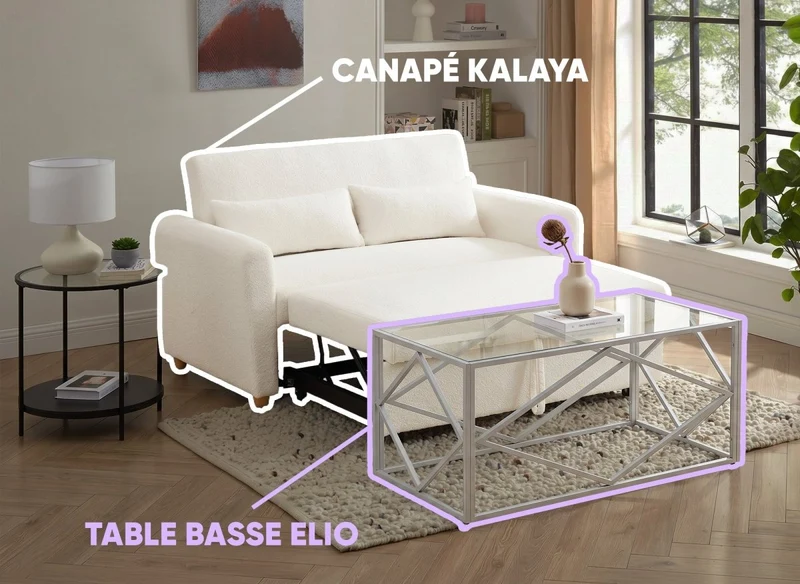 Sofá convertible 3 plazas crudo KALAYA + mesa de centro ELIO