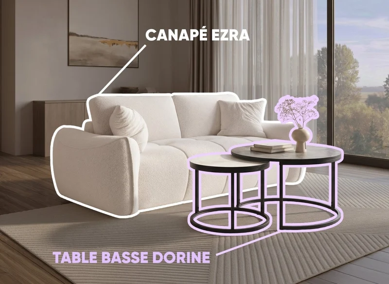 Sofá 3 plazas beige EZRA + Juego de 2 mesas de centro DORINE