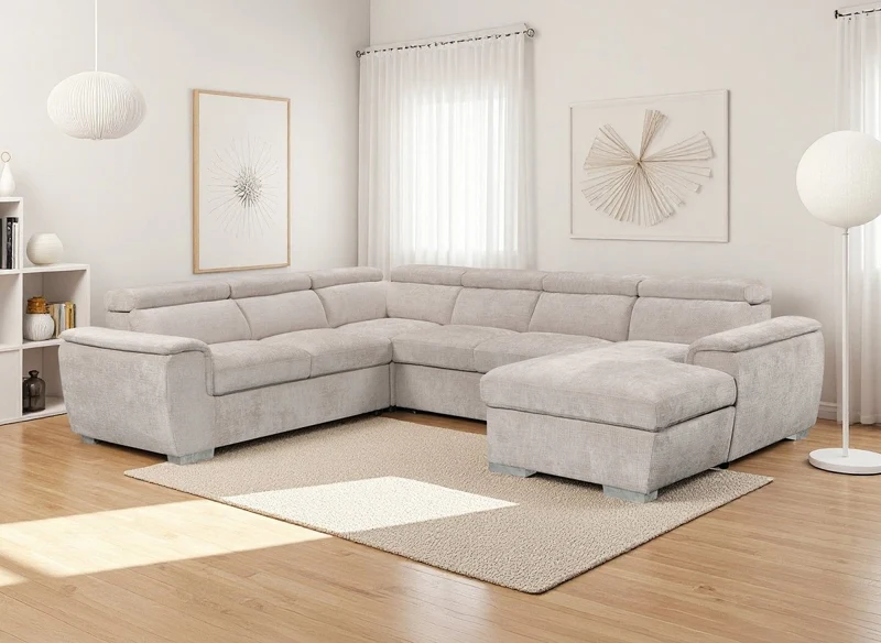 Sofá panorámico convertible con cómoda en terciopelo jaspeado beige GAELLE - Ángulo recto