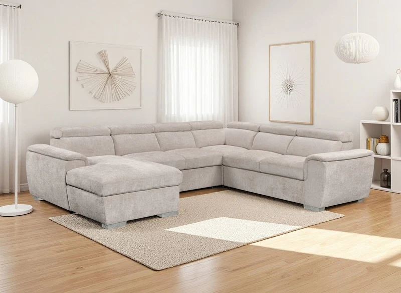 Sofá panorámico convertible con cómoda en terciopelo jaspeado beige GAELLE - Esquina izquierda