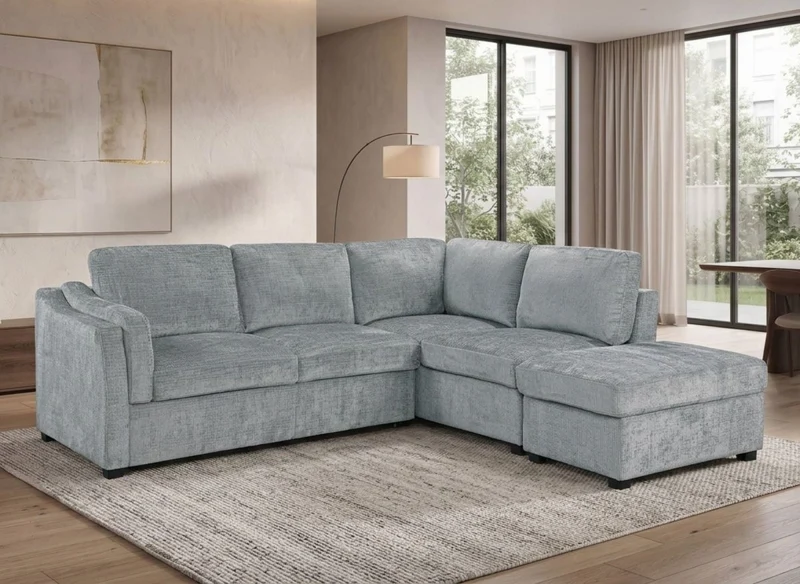 Sofá convertible con cómoda en terciopelo gris jaspeado BARNEY - Ángulo recto