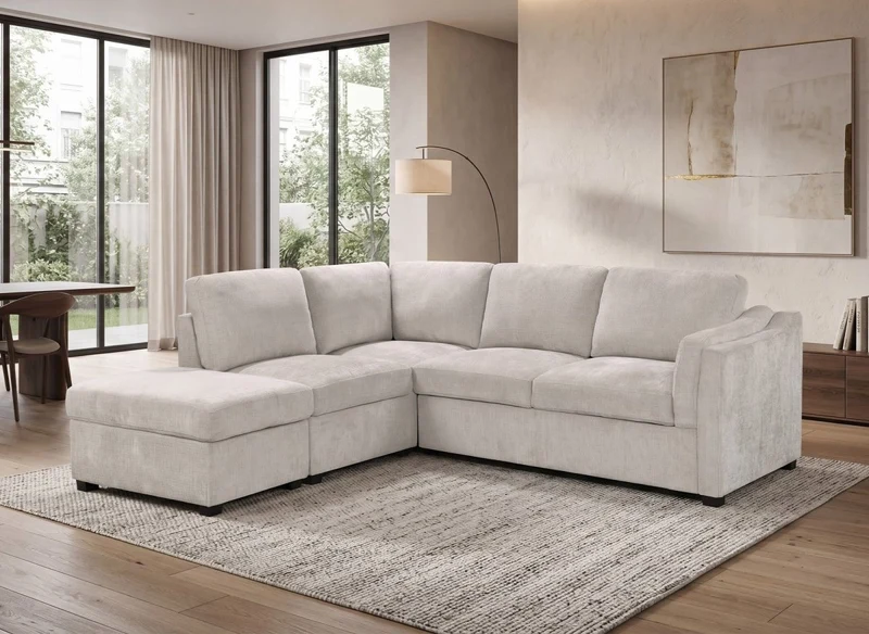 Sofá convertible con cómoda en terciopelo jaspeado beige BARNEY - Esquina izquierda