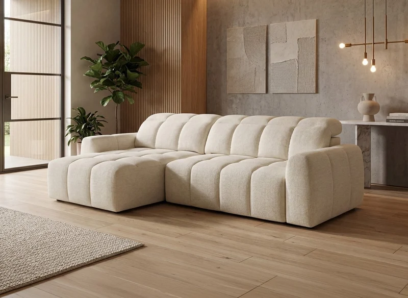 Sofá rinconera relax eléctrico de terciopelo jaspeado beige DANIA - Ángulo izquierdo