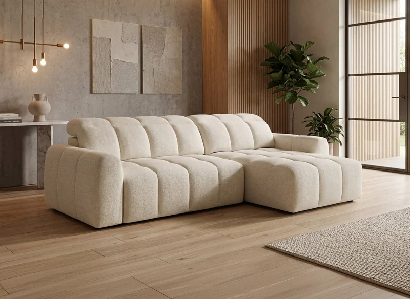 Sofá rinconera relax eléctrico de terciopelo jaspeado beige DANIA - Ángulo derecho