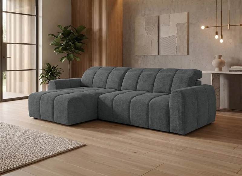 Sofá rinconera relax eléctrico de terciopelo jaspeado gris DANIA - Ángulo izquierdo