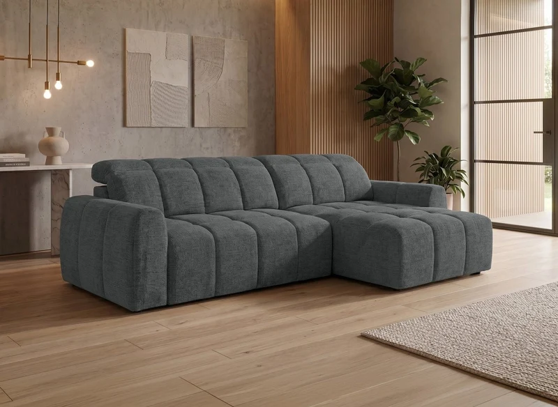 Sofá rinconera relax eléctrico de terciopelo jaspeado gris DANIA - Ángulo derecho
