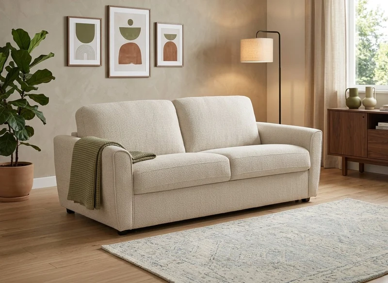 Sofá convertible Express de 3 plazas en terciopelo texturado beige KALIANA