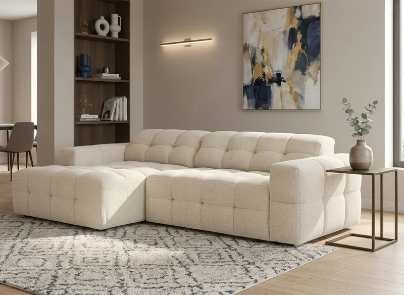 Sofá esquinero relax de terciopelo texturizado beige FEDORA - Esquina izquierda