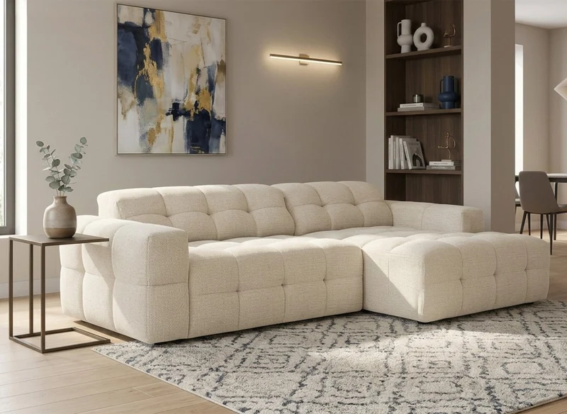 Sofá esquinero relax de terciopelo texturizado beige FEDORA - Ángulo derecho