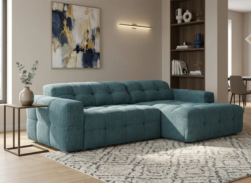 Sofá esquinero relax de terciopelo texturizado azul FEDORA - Ángulo recto