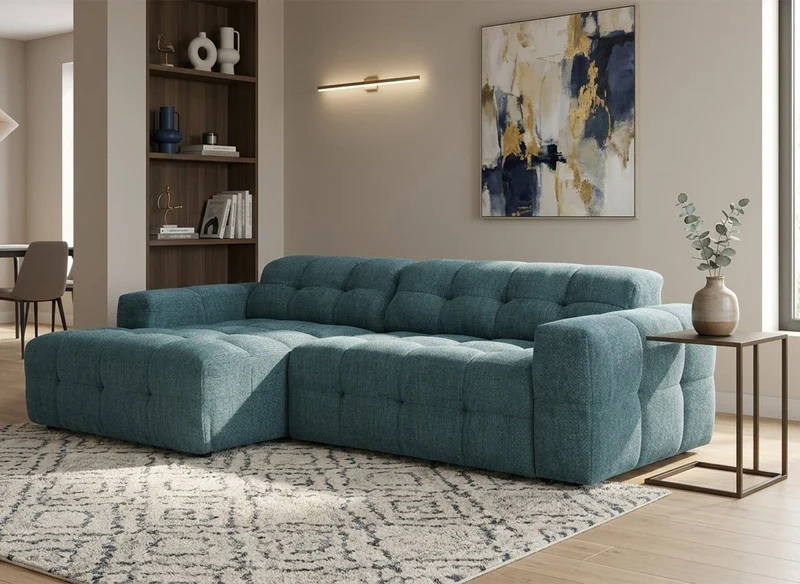 Sofá esquinero relax de terciopelo texturizado azul FEDORA - Esquina izquierda