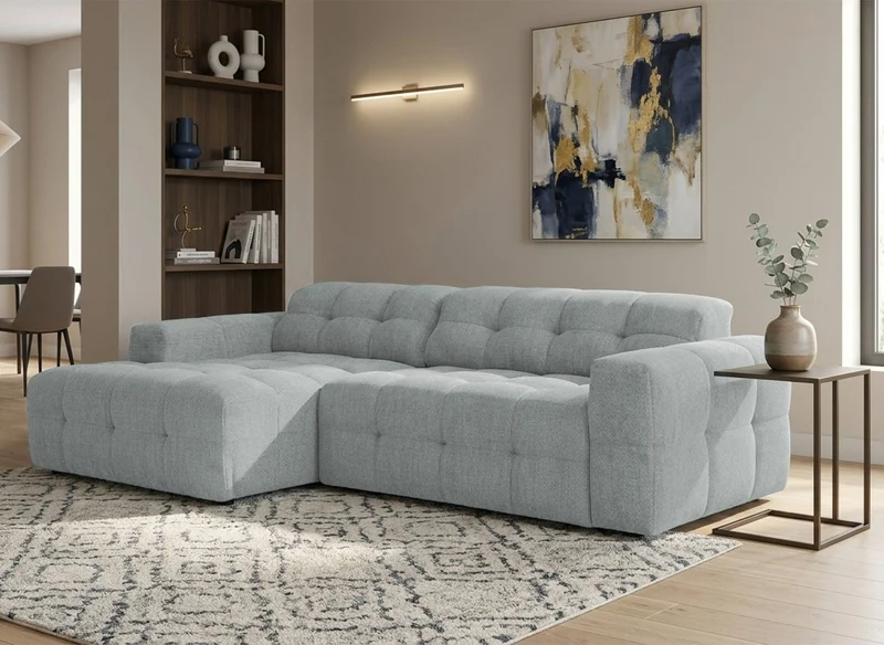 Sofá esquinero relax de terciopelo texturizado gris FEDORA - Esquina izquierda