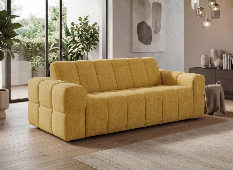 Sofá convertible exprés de 3 plazas BASILE en terciopelo texturizado color mostaza
