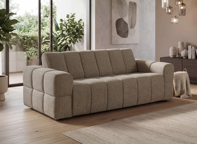Sofá convertible exprés BASILE de 3 plazas en terciopelo texturizado color topo