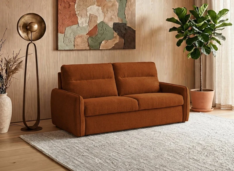 Sofá cama express de 3 plazas con colchón de 15 cm en tejido texturizado terracota ADILIO