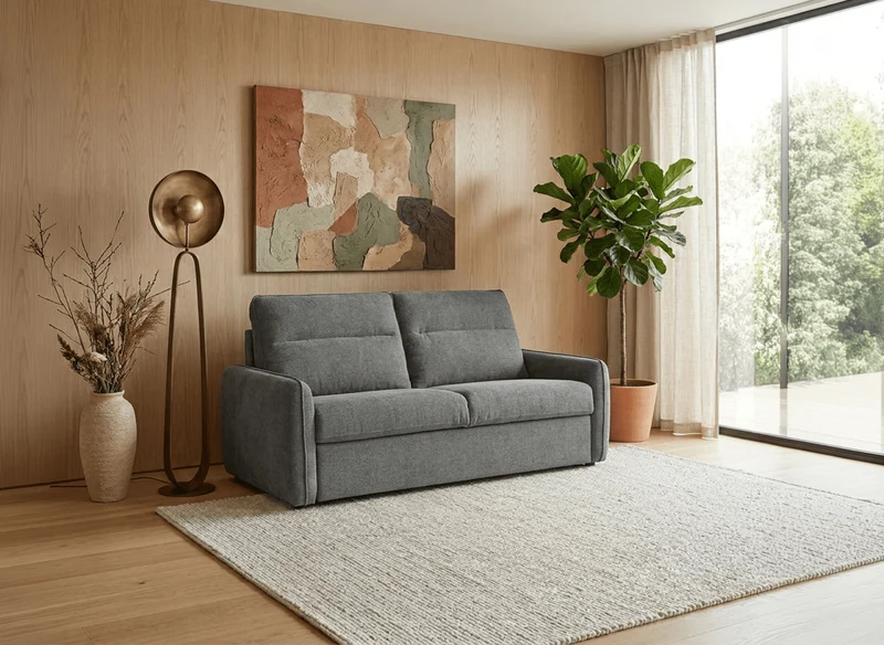 Sofá cama exprés de 3 plazas con colchón de 15 cm en tejido texturizado gris ADILIO