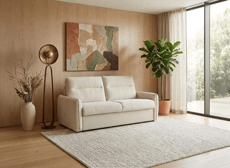 Sofá cama express de 3 plazas con colchón de 15 cm en tela texturizada beige ADILIO