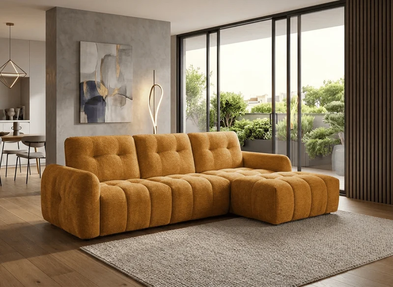 Sofá esquinero ADONIS de terciopelo tejido color mostaza con respaldo ajustable - Esquina derecha