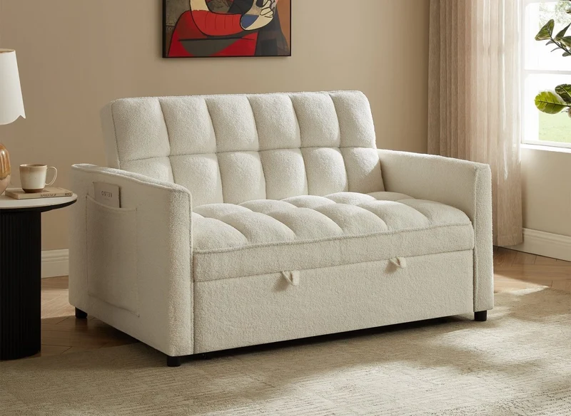 Sofá convertible de 2 plazas JASPER en tejido bouclé crudo
