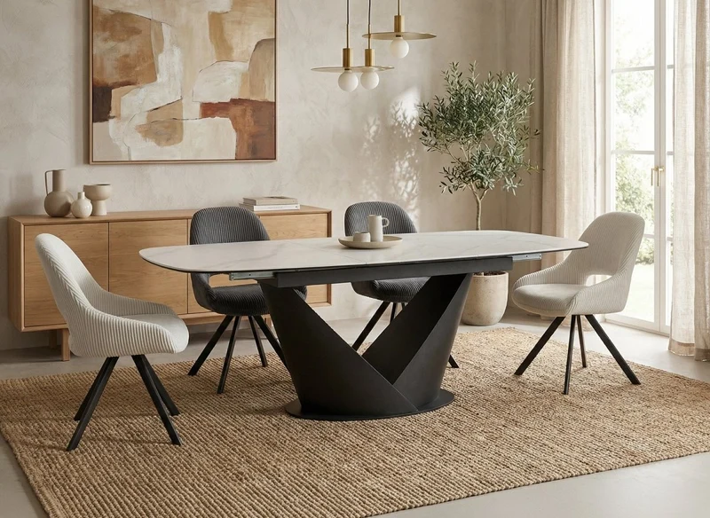 Mesa de comedor extensible de metal marrón con tablero de cerámica blanco 180-240 cm LERONA