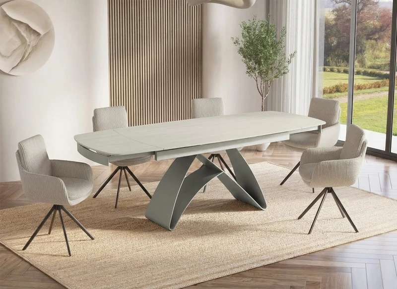 Mesa de comedor extensible de metal beige con tablero de cerámica blanca 160-240 cm PARIS