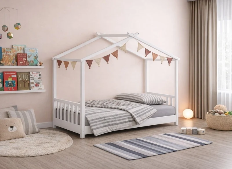 Cama nido NIDOU con barras de madera blancas 90 x 190 cm