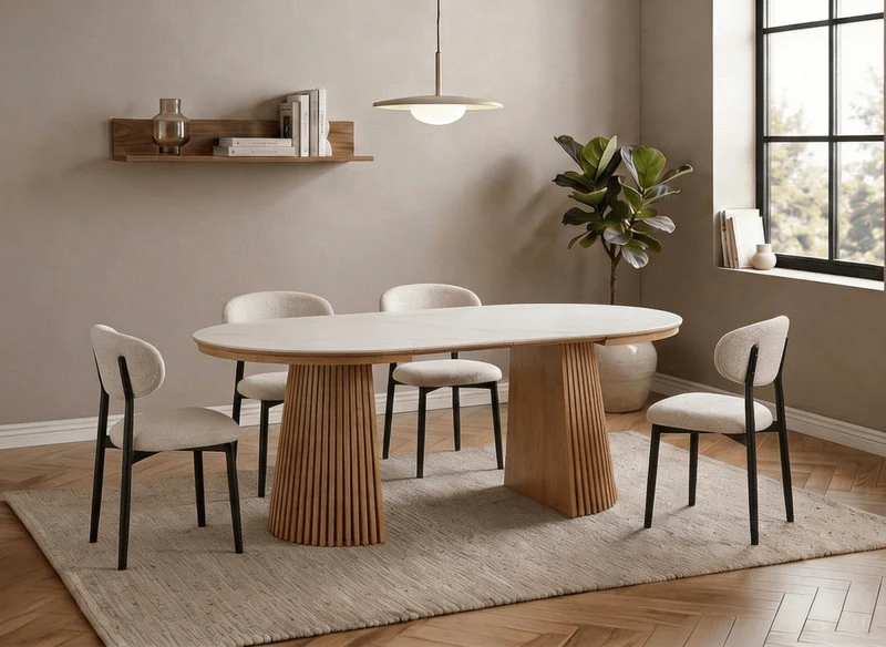 Mesa de comedor redonda extensible de madera clara con sobre de cerámica blanca 120-200 cm HEKA