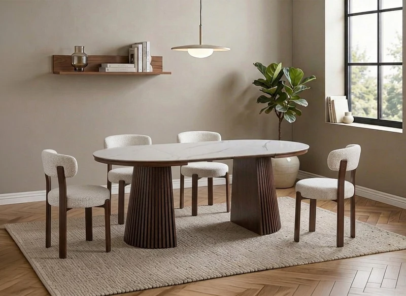 Mesa de comedor redonda extensible de madera oscura con tablero de cerámica blanca 120-200 cm HEKA