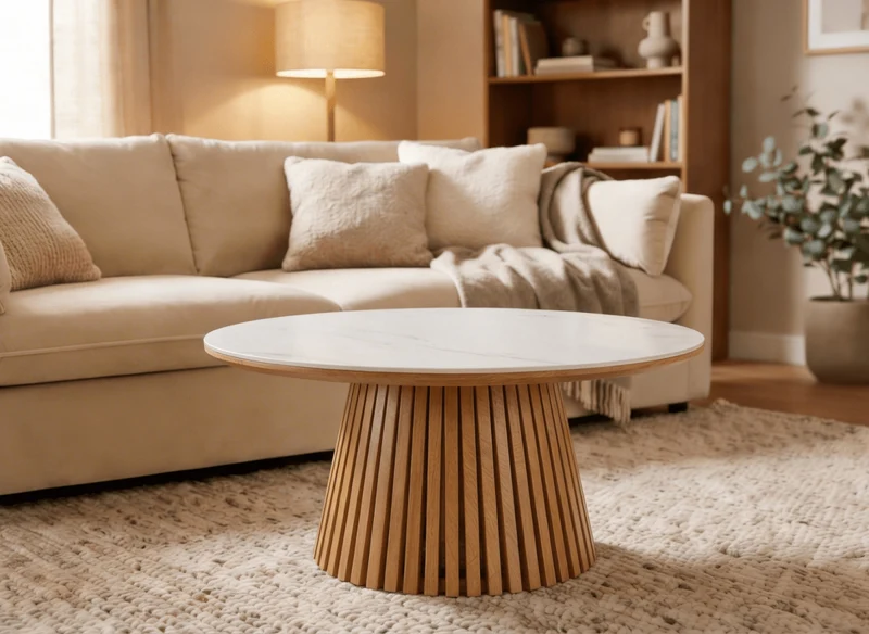 Mesa de centro redonda HEKA de madera clara con tablero de cerámica blanca
