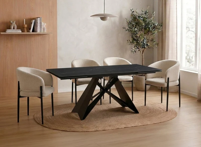 Mesa de comedor extensible de metal negro con tablero de cerámica negra 160-240 cm HELSINKI