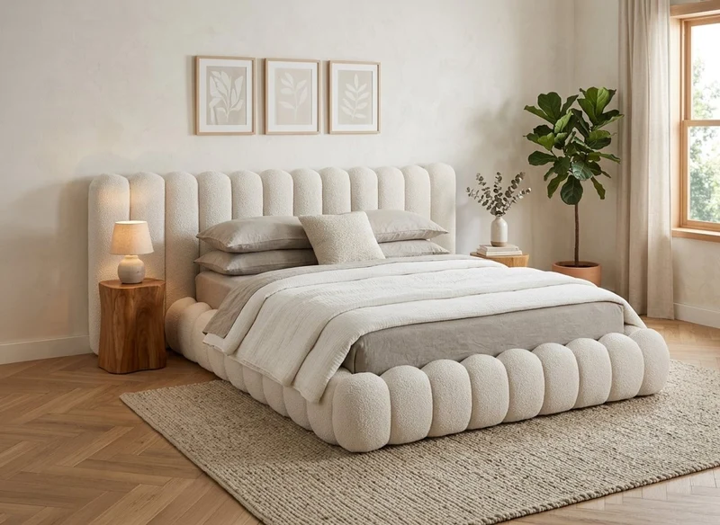 Cama doble de rizo beige 160x200 cm GRETA
