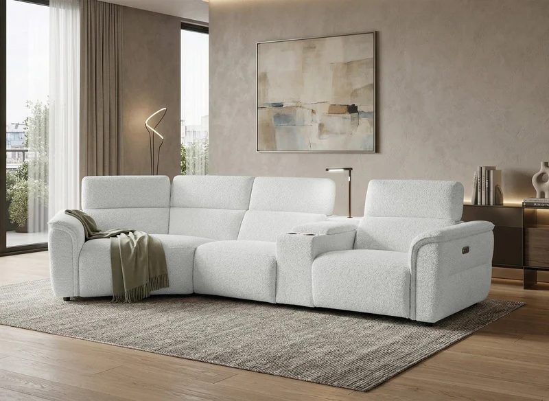 Sofá esquinero reclinable MARINA en suave tela bouclé beige - Esquina izquierda