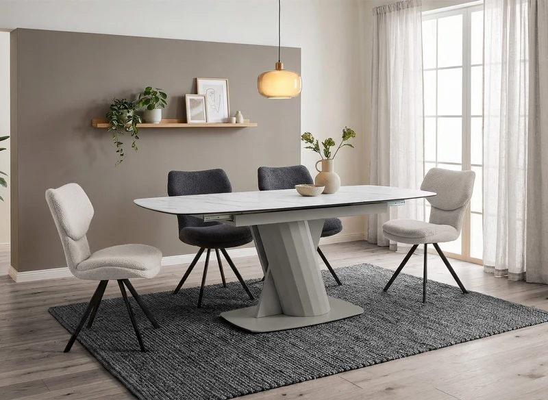 Mesa de comedor extensible de metal beige con tablero de cerámica blanco 180-240 cm DUBAI