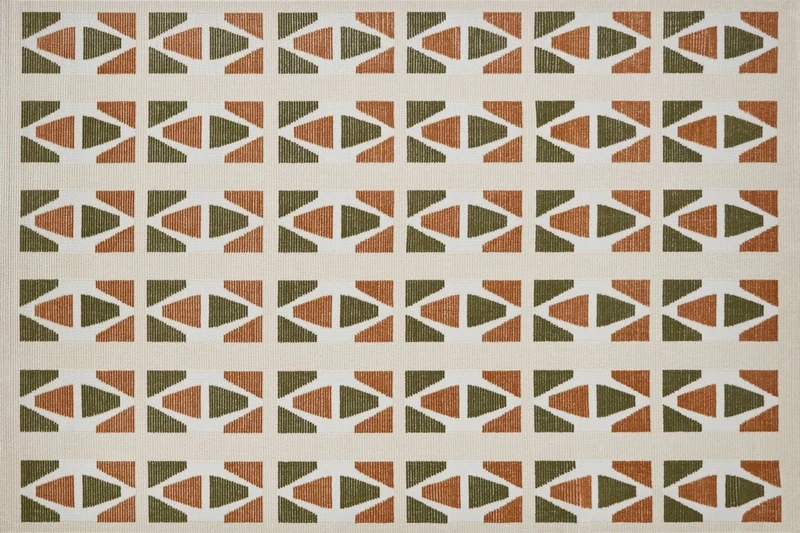 Alfombra beige con motivos geométricos verdes y terracota 160 x 230 cm IONA