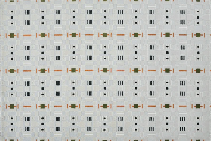 Alfombra color crudo con motivos geométricos verdes y naranjas 160 x 230 cm LOANE