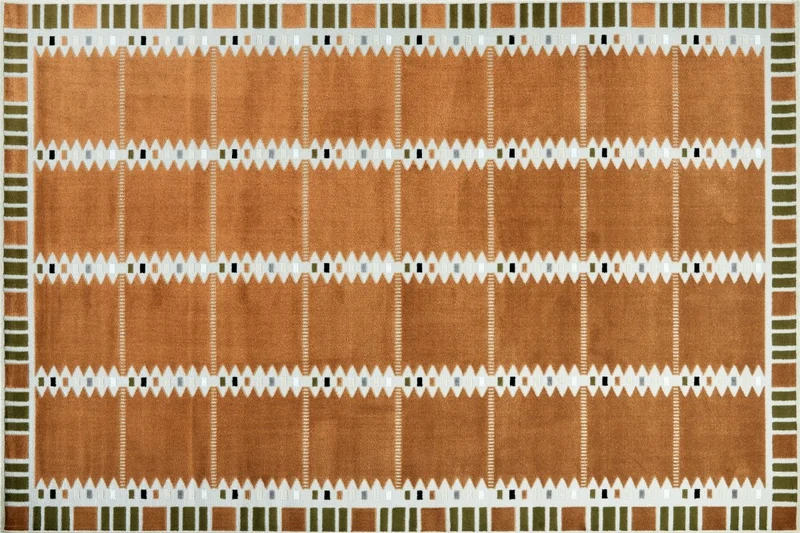 Alfombra de terracota con motivos geométricos verdes y beige 200 x 290 cm SAHEL